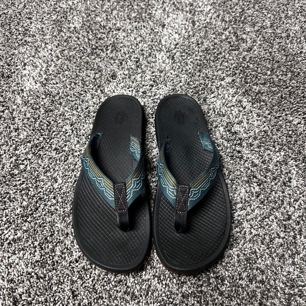 Chaco Classic Flip Flop Sandals Teal Geometric Wave Webbing Size Mens 8 Womens 9